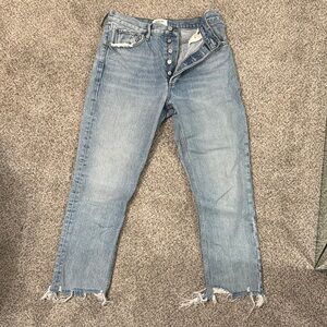 Agolde Blue Cropped Ankle Jeans with Frayed Hem